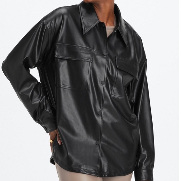 Vegan leather shirt jacket- black large